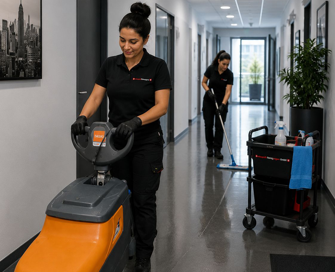 Reinigungskraft von Swissprofi‑Reinigungen bedient Bodenreinigungsmaschine Zürich Cham Wallisellen Reinigungskraft von Swissprofi‑Reinigungen bedient Bodenreinigungsmaschine Zürich Cham Wallisellen