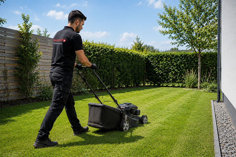 Gartenpflege Mitarbeiter mäht gepflegten Rasen mit Rasenmäher im modernen, grünen Privatgarten