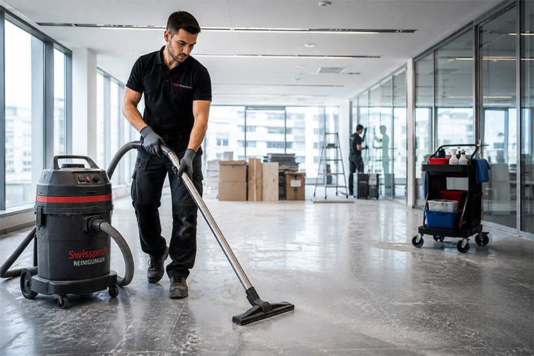Gebäudereinigung Mitarbeiter saugt Büroboden mit Industriereinigungsgerät während im Hintergrund Fenster gereinigt werden