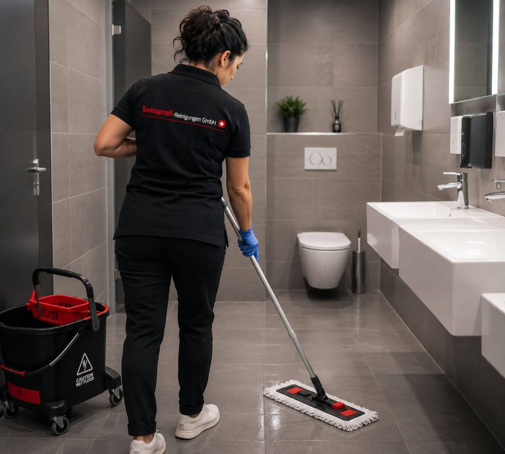 Professionelle Reinigungskraft der Swissprofi-Reinigungen GmbH beim Säubern eines modernen Badezimmers mit Mop, Reinigungswagen und Warnschild auf grauen Fliesen.