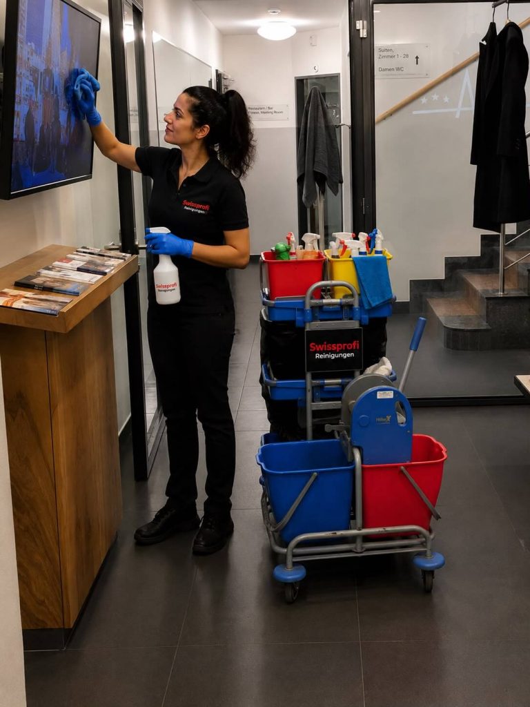 Professionelle Reinigungskraft von Swissprofi Reinigungen beim gründlichen Reinigen eines TV‑Bildschirms in einem modernen Büroflur mit Reinigungswagen und Desinfektionsmitteln.