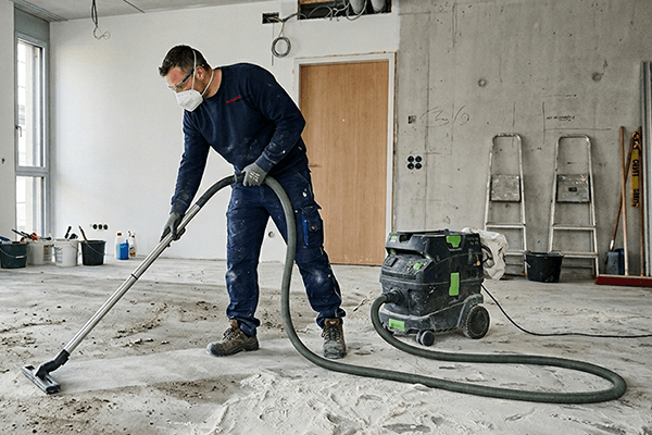 Bauendreinigung, Mann saugt Boden mit Maschine